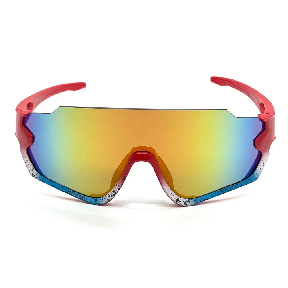 Mens Red Blue Splatter Shield Sunglasses Mirrored Gold Lens‎ Sporty Wrap Shades